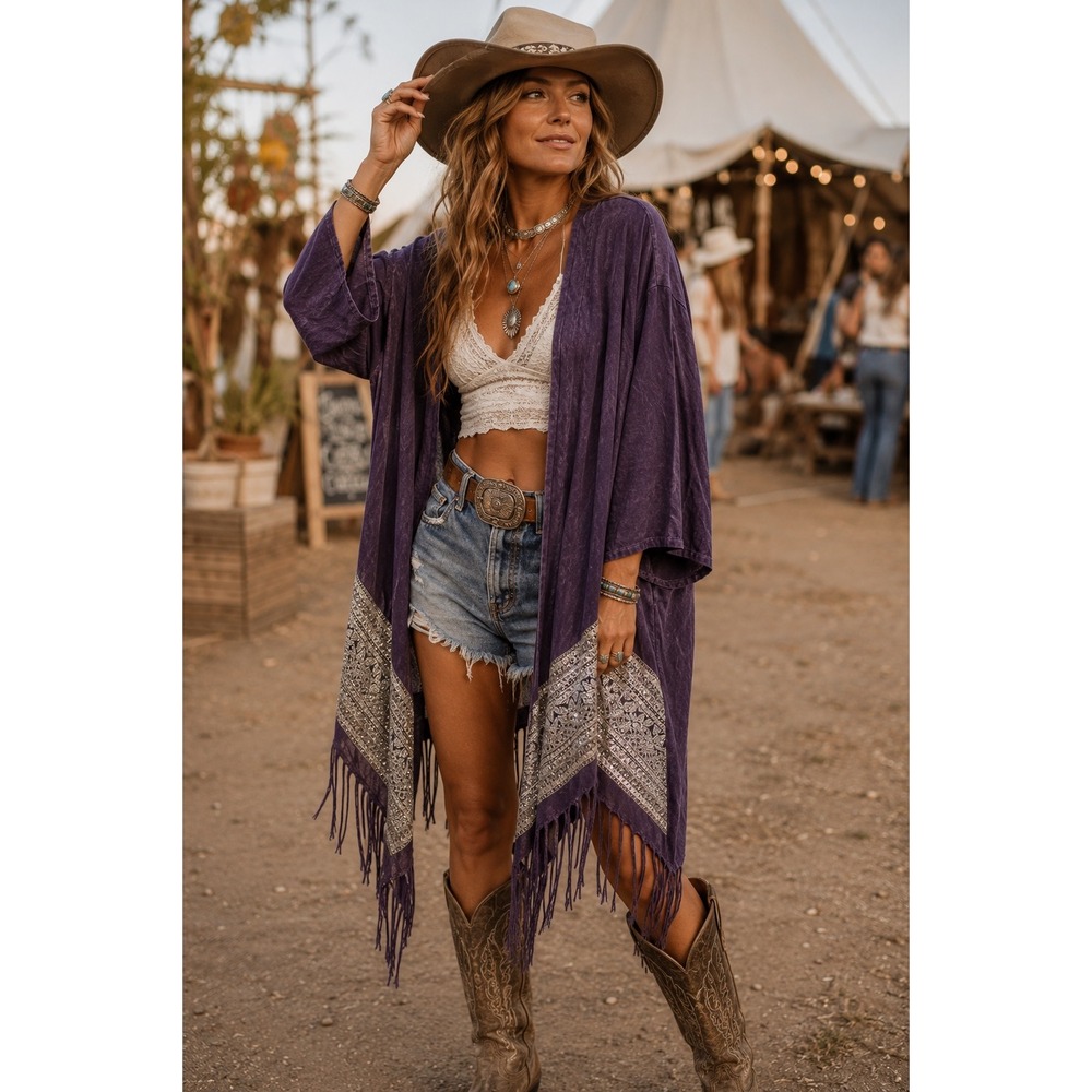 Vocal Purple Fringe Rhinestone Cardigan Boho Festival Cowgirl Western Womens 1xl
